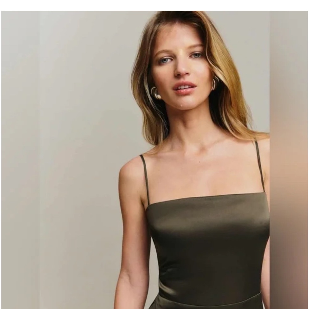 Reformation Frankie Silk Dress in Olive Green - Picture 4 of 4